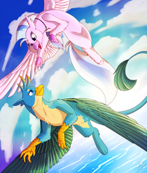 Size: 1618x1900 | Tagged: safe, artist:taledemon, gallus, silverstream, classical hippogriff, griffon, hippogriff, g4, claws, cloud, digital art, female, flying, looking at each other, male, ocean, paws, ship:gallstream, shipping, sky, straight, wings