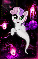 Size: 3360x5120 | Tagged: safe, artist:darksly, sweetie belle, ghost, pony, g4, candy, cute, diasweetes, female, filly, food, halloween, holiday, horn, lollipop, open mouth, solo