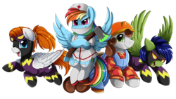 Size: 2915x1640 | Tagged: safe, artist:pridark, rainbow dash, oc, oc:dreamer, oc:glyde, oc:sky chase, earth pony, pegasus, pony, g4, axe, bob the builder, brother and sister, clothes, commission, construction pony, costume, female, goggles, halloween, holiday, male, nightmare night, nurse, one eye closed, open mouth, rainmer, shadowbolts costume, simple background, transparent background, weapon, wink