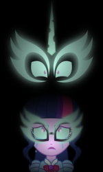 Size: 1641x2727 | Tagged: safe, artist:kingdark0001, sci-twi, twilight sparkle, equestria girls, g4, my little pony equestria girls: better together, clothes, crying, duality, geode of telekinesis, glasses, looking at you, looking up, magical geodes, midnight sparkle, scared, self paradox