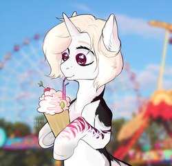 Size: 2000x1916 | Tagged: safe, artist:lothard juliet, oc, oc only, pony, unicorn, bust, drinking, female, mare, milkshake, solo