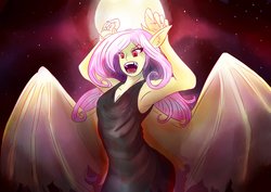 Size: 3507x2480 | Tagged: safe, artist:mantarwolf, fluttershy, equestria girls, g4, scare master, armpits, bat ponified, blood moon, clothes, female, flutterbat, high res, large wings, moon, night, nightmare night, open mouth, race swap, solo, stars, wings