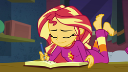Size: 1920x1080 | Tagged: safe, screencap, sunset shimmer, equestria girls, equestria girls specials, g4, my little pony equestria girls: better together, my little pony equestria girls: forgotten friendship, ass, barefoot, bed, book, bunset shimmer, butt, clothes, cute, eyes closed, feet, female, journal, pajamas, prone, shimmerbetes, solo, sunset's apartment, the pose, writing