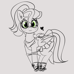 Size: 2799x2799 | Tagged: safe, artist:pabbley, derpibooru exclusive, oc, oc only, oc:fenderella bass, pegasus, pony, apron, clothes, cute, ears, female, freckles, glasses, green eyes, high res, mare, monochrome, pleated skirt, ponytail, roller skates, sketch, skirt, skirt lift, solo, uniform