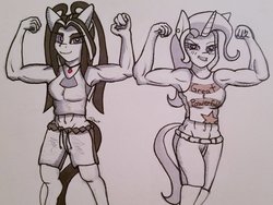 Size: 1024x768 | Tagged: safe, artist:zalla661, aria blaze, trixie, anthro, g4, aria brute, aria buff, arixie, armpits, belly button, clothes, female, grand and muscular trixie, lesbian, muscles, shipping, traditional art