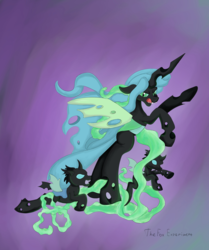 Size: 1809x2160 | Tagged: safe, artist:the-fox-experiment, queen chrysalis, changeling, changeling queen, g4, angry, bipedal, fan series, fangs, female, guardians of harmony, magic, simple background, standing, toy