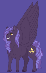 Size: 900x1431 | Tagged: safe, artist:ganashiashaka, oc, oc only, oc:lightning spark, pegasus, pony, female, mare, offspring, parent:clear skies, parent:thunderlane, purple background, simple background, solo