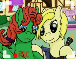 Size: 2448x1900 | Tagged: safe, artist:lizardwithhat, oc, oc:checklist, earth pony, pegasus, pony, blond, cloth, crossover, curly hair, cute, detailed background, drwhooves, female, hairband, hug, ponyville, red hair, selfie, sparkly eyes