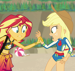 Size: 1140x1079 | Tagged: safe, screencap, applejack, sunset shimmer, equestria girls, equestria girls series, forgotten friendship, g4, belly button, clothes, cropped, geode of empathy, geode of super strength, magical geodes, midriff, summer sunset, swimsuit