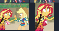 Size: 1326x714 | Tagged: safe, screencap, applejack, sunset shimmer, derpibooru, equestria girls, equestria girls specials, g4, my little pony equestria girls: better together, my little pony equestria girls: forgotten friendship, belly button, clothes, cropped, geode of empathy, geode of super strength, juxtaposition, magical geodes, meta, midriff, summer sunset, swimsuit