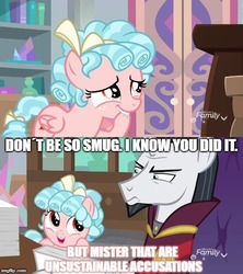 Size: 500x562 | Tagged: safe, edit, edited screencap, screencap, chancellor neighsay, cozy glow, pegasus, pony, g4, school raze, biting, engrish, female, filly, grammar error, hoof biting, image macro, meme, text