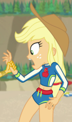 Size: 622x1043 | Tagged: safe, screencap, applejack, sunset shimmer, equestria girls, equestria girls specials, g4, my little pony equestria girls: better together, my little pony equestria girls: forgotten friendship, belly button, clothes, cropped, geode of super strength, magical geodes, swimsuit