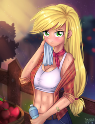 Size: 1300x1700 | Tagged: safe, artist:tcn1205, applejack, human, g4, abs, adorasexy, apple, bandaid, basket, belly button, belt, bra, breasts, bushel basket, busty applejack, clothes, cute, female, fence, food, freckles, hair tie, humanized, jeans, looking at you, midriff, missing accessory, neckerchief, off shoulder, pants, plaid shirt, rolled up sleeves, sexy, solo, standing, sunset, sweat, tank top, tree, underwear, undressing, water bottle