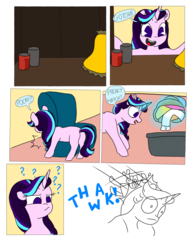 Size: 1024x1365 | Tagged: safe, artist:doodletheexpoodle, starlight glimmer, pony, unicorn, comic:magic mayhem, g4, comic, dialogue, female, hide and seek, parent:starlight glimmer, solo