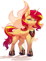Size: 2000x2642 | Tagged: safe, artist:evehly, sunset shimmer, alicorn, pony, g4, alicornified, commission, cutie mark background, female, high res, hoof shoes, mare, peytral, race swap, regalia, shimmercorn, simple background, solo, white background