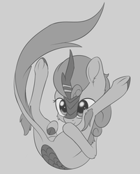 Size: 760x947 | Tagged: safe, artist:dusthiel, autumn blaze, kirin, g4, sounds of silence, cute, female, flexible, frontbend, gray background, grayscale, monochrome, quadrupedal, simple background, smiling, solo, stretching