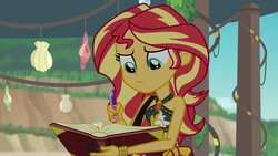 Size: 1920x1080 | Tagged: safe, screencap, sunset shimmer, equestria girls, equestria girls specials, g4, my little pony equestria girls: better together, my little pony equestria girls: forgotten friendship, book, clothes, female, solo, swimsuit