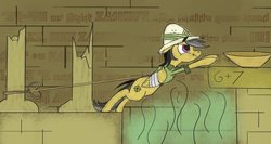 Size: 1280x683 | Tagged: safe, artist:sixes&sevens, daring do, pegasus, pony, g4, bowl, female, hat, injured wing, inktober, inktober 2018, pillar, rope, solo, tongue out