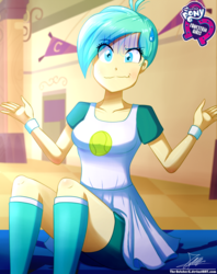 Size: 920x1160 | Tagged: safe, artist:the-butch-x, part of a set, tennis match, human, equestria girls, g4, background human, ball, blushing, boots, butch's hello, canterlot high, clothes, compression shorts, dress, equestria girls logo, faic, female, looking at you, shirt, shoes, shorts, shrug, signature, sitting, skirt, solo, sweat, sweatdrop, tennis ball, wristband