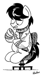 Size: 982x1709 | Tagged: safe, artist:bobthedalek, oc, oc only, oc:kettle master, earth pony, pony, chair, clothes, ink drawing, inktober, jacket, knife, lineart, lip bite, monochrome, sweater, traditional art
