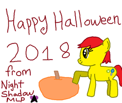 Size: 628x529 | Tagged: safe, artist:nightshadowmlp, oc, oc only, oc:game point, halloween, halloween 2018, holiday, ms paint, pumpkin, smiling, text