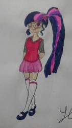 Size: 918x1632 | Tagged: safe, artist:lili777-mlp, sci-twi, twilight sparkle, equestria girls, g4, alternate clothes, clothes, female, glasses, long socks, miniskirt, one eye closed, ponytail, skirt, solo, traditional art