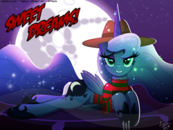 Size: 1200x900 | Tagged: safe, artist:lennonblack, princess luna, alicorn, pony, g4, bedroom eyes, clothes, costume, female, freddy krueger, full moon, halloween, holiday, lip bite, mare, mare in the moon, moon, nightmare night, nightmare on elm street, reference, smiling, solo