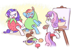 Size: 1253x857 | Tagged: safe, artist:raridashdoodles, rainbow dash, rarity, sweetie belle, pegasus, pony, unicorn, g4, bipedal, clothes, costume, female, filly, food, food costume, fruit, fruit bowl, fruit costume, lesbian, mare, open mouth, painting, pear, pear costume, ship:raridash, shipping, strawberry, strawberry costume, underhoof