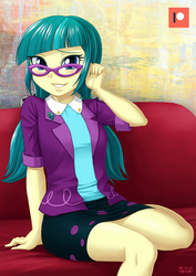 Size: 707x1000 | Tagged: safe, artist:uotapo, juniper montage, human, equestria girls, equestria girls specials, g4, my little pony equestria girls: movie magic, blushing, clothes, female, glasses, legs, looking at you, meganekko, patreon, patreon logo, pigtails, shirt, skirt, smiling, solo, thighs