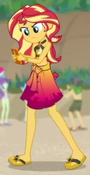 Size: 223x433 | Tagged: safe, screencap, sandalwood, starlight, sunset shimmer, equestria girls, g4, my little pony equestria girls: better together, x marks the spot, background human, bikini, clothes, cropped, feet, flip-flops, geode of empathy, magical geodes, phone, sandals, swimsuit
