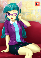 Size: 707x1000 | Tagged: safe, artist:uotapo, juniper montage, human, equestria girls, equestria girls specials, g4, movie magic, blushing, cat ears, clothes, cute, female, glasses, junibetes, meganekko, one eye closed, patreon, patreon logo, pigtails, skirt, solo, wink