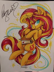 Size: 1536x2048 | Tagged: safe, artist:jadedjynx, sunset shimmer, pony, unicorn, g4, book, female, looking at you, rebecca shoichet, signature, smiling, solo, sunset's journal, traditional art
