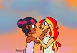 Size: 613x420 | Tagged: safe, artist:rcrity, sci-twi, sunset shimmer, twilight sparkle, equestria girls, g4, female, human coloration, lesbian, looking at each other, ship:sci-twishimmer, ship:sunsetsparkle, shipping, sunset