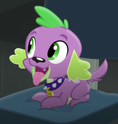 Size: 599x630 | Tagged: safe, screencap, spike, spike the regular dog, dog, equestria girls, g4, my little pony equestria girls: friendship games, chair, collar, cropped, cute, eyebrows, green eyes, happy, looking up, male, office chair, paws, puppy, sitting, solo, spikabetes, tail, tongue out