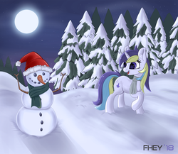 Size: 1920x1669 | Tagged: safe, artist:chrisfhey, oc, oc only, oc:condonie, pony, unicorn, evening, female, happy, hat, mare, moon, open mouth, raised hoof, scarf, signature, snow, snowman, solo, tree, winter