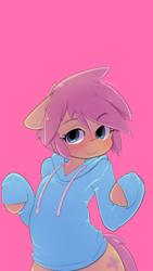 Size: 1665x2960 | Tagged: safe, artist:hoodie, edit, fluttershy, semi-anthro, g4, arm hooves, blushing, butterscotch, clothes, hoodie, rule 63, smiling, solo, sweater