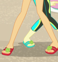 Size: 204x220 | Tagged: safe, screencap, applejack, fluttershy, equestria girls, equestria girls specials, g4, my little pony equestria girls: better together, my little pony equestria girls: forgotten friendship, cropped, feet, flip-flops, legs, pictures of legs, sandals