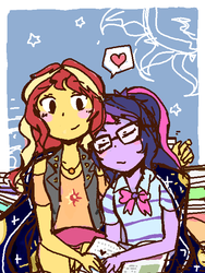 Size: 512x680 | Tagged: safe, artist:amelia-yap, artist:ameliayap, sci-twi, sunset shimmer, twilight sparkle, equestria girls, g4, my little pony equestria girls: better together, blushing, book, cuddling, cute, cutie mark on clothes, duo, eyes closed, female, geode of empathy, geode of telekinesis, heart, lesbian, magical geodes, ship:sci-twishimmer, ship:sunsetsparkle, shipping, sleeping, smiling, sun, twiabetes