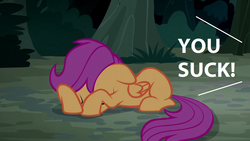 Size: 1280x720 | Tagged: safe, edit, edited screencap, screencap, scootaloo, g4, sleepless in ponyville, abuse, background pony strikes again, downvote bait, op is a duck, op is trying to start shit, sad, scootabuse