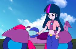 Size: 1016x660 | Tagged: safe, artist:optip, twilight sparkle, equestria girls, g4, motorcycle