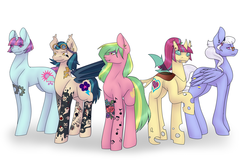 Size: 4500x3000 | Tagged: safe, artist:snows-undercover, indigo zap, lemon zest, sour sweet, sugarcoat, sunny flare, bat pony, changedling, changeling, earth pony, pegasus, pony, unicorn, g4, bat ponified, changelingified, commission, crystal prep shadowbolts, ear piercing, earring, equestria girls ponified, eyebrow piercing, eyeshadow, fangs, female, freckles, glasses, goggles, group, headband, headcanon, jewelry, lip piercing, makeup, mare, piercing, ponified, race swap, raised hoof, shadow five, simple background, snake bites, species swap, tattoo, white background