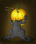 Size: 1024x1264 | Tagged: safe, artist:atomfliege, oc, oc only, oc:warplix, changeling, changeling oc, fangs, halloween, help, holiday, jack-o-lantern, pumpkin, sitting, solo, yellow changeling