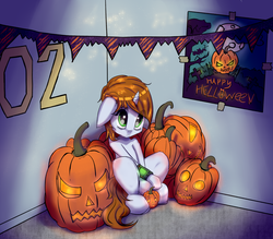 Size: 2700x2361 | Tagged: safe, artist:mistleinn, oc, oc only, oc:littlepip, pony, unicorn, fallout equestria, fanfic, fanfic art, female, floppy ears, halloween, high res, holiday, hooves, horn, jack-o-lantern, mare, nightmare night, pipbuck, poster, pumpkin, sad, sitting, solo, text