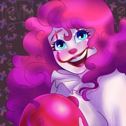 Size: 1080x1080 | Tagged: safe, artist:nichroniclesvsart, pinkie pie, equestria girls, g4, balloon, clothes, clown, costume, crossover, halloween, halloween costume, holiday, it, pennywise, pinkiewise, smiling