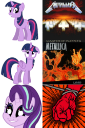 Size: 426x640 | Tagged: safe, starlight glimmer, twilight sparkle, alicorn, pony, unicorn, g4, drama, heavy metal, load, master of puppets, meme, metallica, op is a duck, op is trying to start shit, st. anger, starlight drama, thrash metal, twilight sparkle (alicorn), unicorn twilight