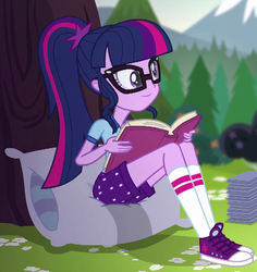 Size: 536x569 | Tagged: safe, screencap, sci-twi, twilight sparkle, equestria girls, g4, my little pony equestria girls: legend of everfree, book, camp everfree outfits, clothes, converse, cropped, female, glasses, pillow, ponytail, shoes, shorts, sitting, smiling, sneakers, socks, solo