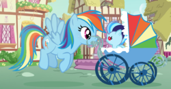 Size: 1210x632 | Tagged: safe, artist:nocturna76, rainbow dash, oc, pony, g4, baby, baby carriage, baby pony, offspring, parent:rainbow dash, parent:soarin', parents:soarindash