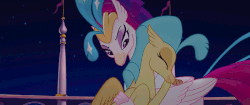 Size: 700x293 | Tagged: safe, screencap, princess skystar, queen novo, classical hippogriff, hippogriff, g4, my little pony: the movie, animated, cute, duo, eyes closed, female, gif, grounded, hug, laughing, mother and daughter, night, nuzzling, oh crap face, punishment, subtitles, wide eyes, you are so grounded