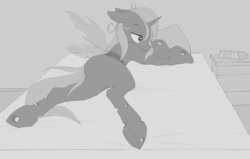 Size: 2130x1353 | Tagged: safe, artist:omi, edit, oc, oc only, oc:rescue pony, changeling, changeling queen, bed, bedroom, changeling oc, changeling queen oc, clock, digital clock, explicit source, featureless crotch, female, messy mane, monochrome, pillow, prone, solo, tired, underhoof, waking up