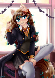 Size: 637x900 | Tagged: safe, artist:lifejoyart, oc, oc only, oc:amora bunny, anthro, unguligrade anthro, anthro oc, breasts, clothes, cute, ear fluff, female, looking at you, miniskirt, moe, necktie, pleated skirt, school uniform, sitting, skirt, smiling, socks, solo, suit, thigh highs, window